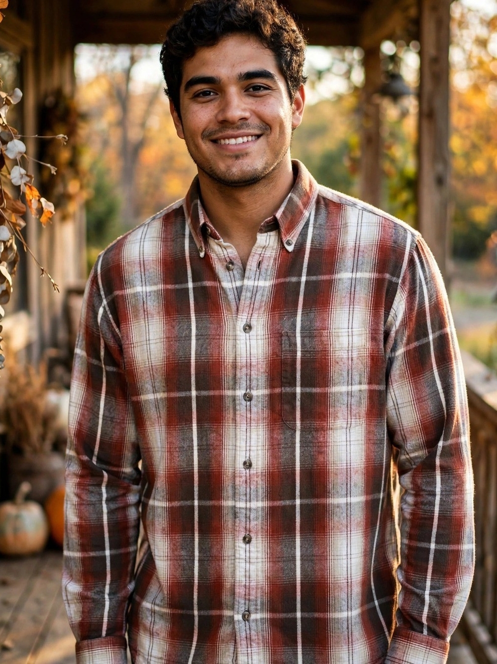 Roundtree & Yorke Rust and Cream Plaid Button-Down Shirt